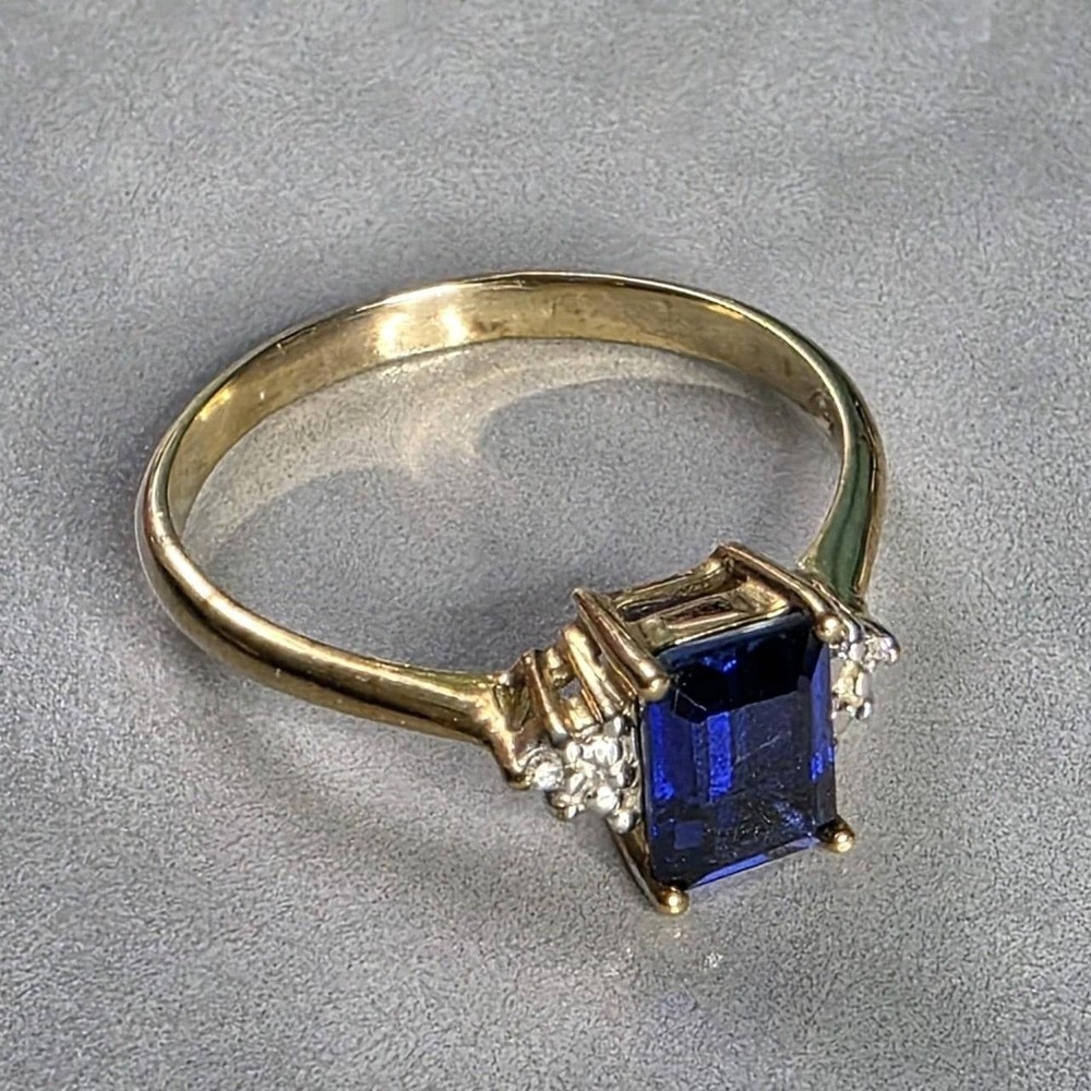Vintage 10k Yellow Gold Emerald Cut Sapphire & Diamond Ring Size 8.75 2.37g CPI